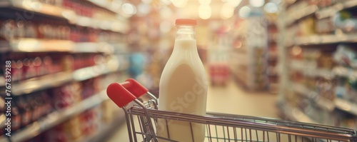 Bottled milk placed in a shopping cart in a store. photo
