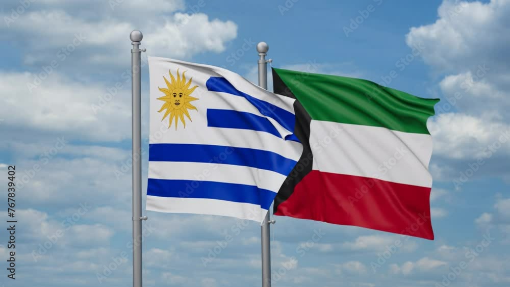 Kuwait and Uruguay two flags waving together, looped video, two country cooperation concept Kuwait and Uruguay two flags waving together, looped video, two country cooperation concept