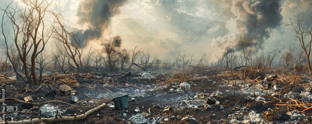 Polluted Earth, smoke in the background, garbage on the ground. Polluted Earth, smoke in the background, garbage on the ground.