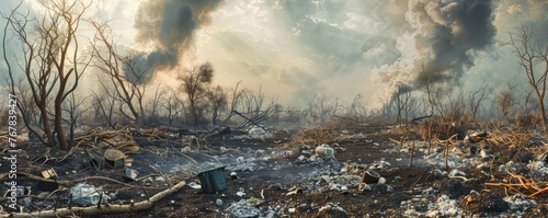 Polluted Earth, smoke in the background, garbage on the ground. © Simona