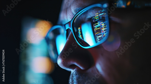 A photo capturing the reflection of data on multiple screens in the glasses of a cybersecurity professional, working in a dark room.