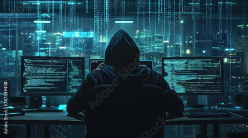 A photograph of a person in a hoodie typing on a keyboard in a dimly lit room surrounded by screens with code photo