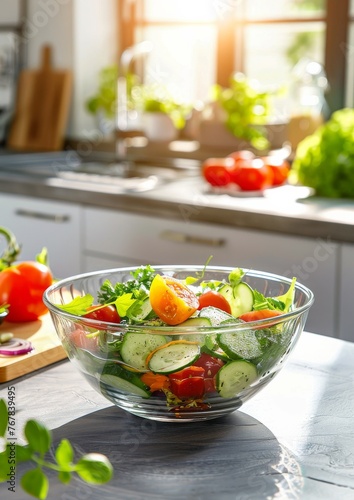 Fresh vegetable salad in a glass bowl on the kitchen table.