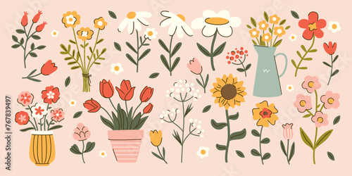 Set of hand drawn cottagecore flowers. Tulip, sunflower, daisy, chamomile, flowerpots decor. Spring and summer botanical illustrations. Garden plants vector design photo