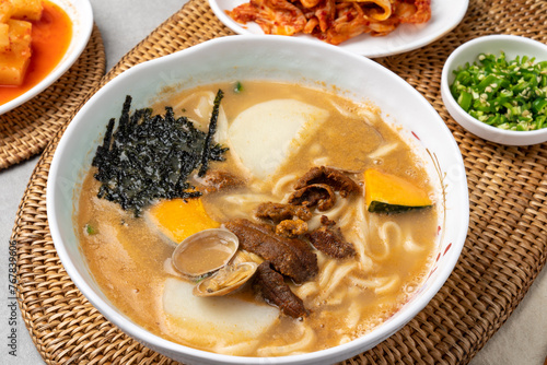 Korean food, seafood, agu, jjim, whole ribs, soup, kimchi, spam, dumplings, meat, clams, kalguksu, sea urchin eggs, side dishes, traditions photo