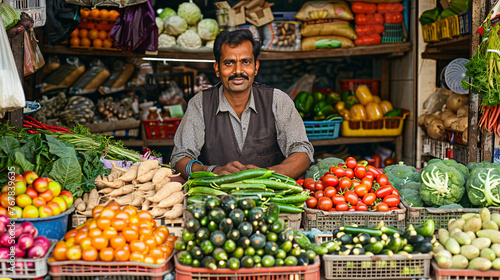 An Indian man selling wide variety of vegetables in his shop.