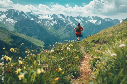 A man is running on a trail in the mountains