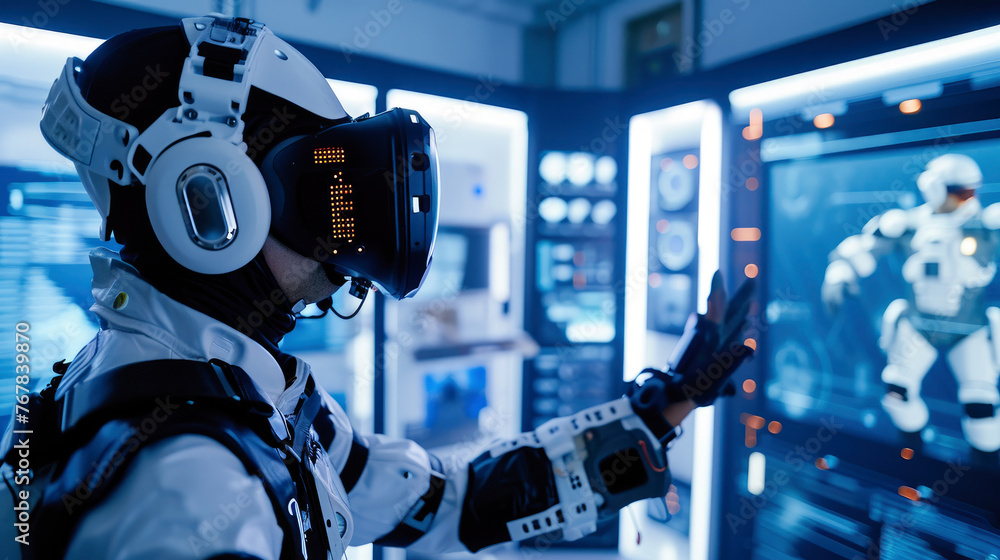 Photo capturing a futuristic VR training session with an individual using VR equipment for simulation training. Advanced VR setup in a simulated environment