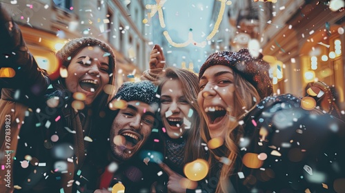 group of happy friends enjoying outdoor party on shiny street background - Group of young people A festive scene with a decorated Christmas tree and sparkling city lights celebrates the holiday season © Sittipol 