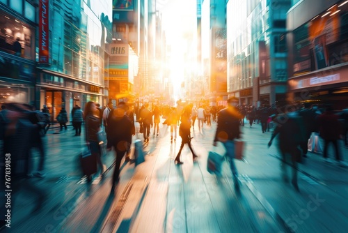 A busy city street with people walking and carrying bags