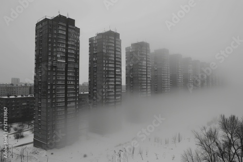 polluted city with shrouded in fog urban building background  professional photography