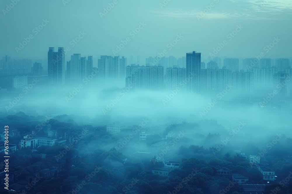 polluted city with shrouded in fog urban building background  professional photography