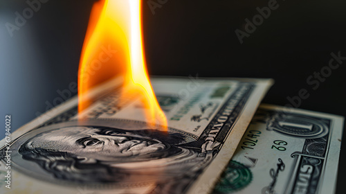 Burning dollars close up over black background, generative ai