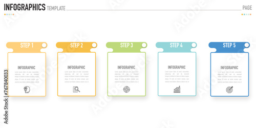 Rectangular infographic template or element with 5 step, process, option, colorful rectangle, icons, triangle, paper origami, button, tag, circle, circular, square bar for sale slide, internet planner