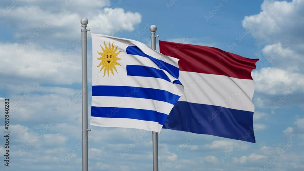 Netherlands and Uruguay two flags waving together, looped video, two country relations concept Netherlands and Uruguay two flags waving together, looped video, two country relations concept