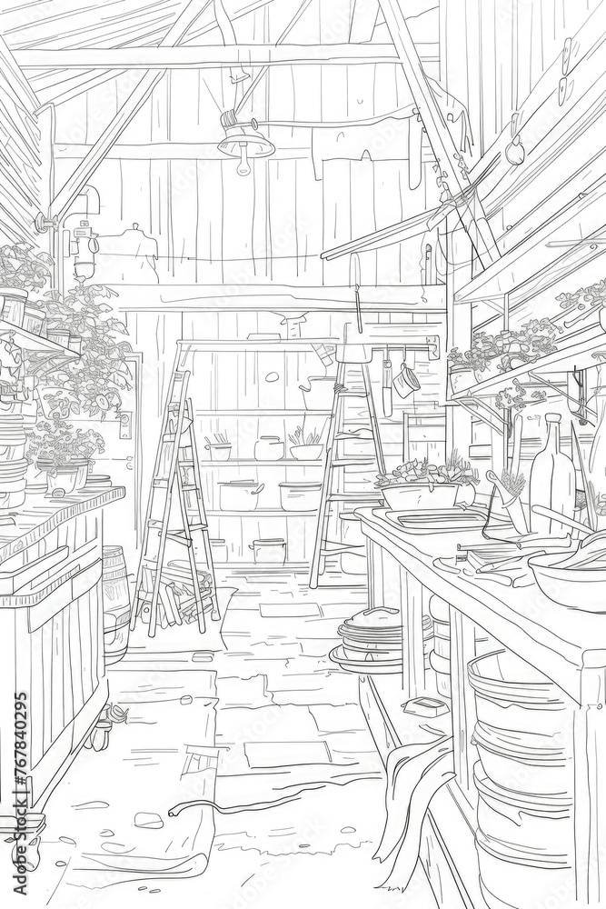 Coloring page of black and white  kitchen with a stove, cabinets, sink, and refrigerator