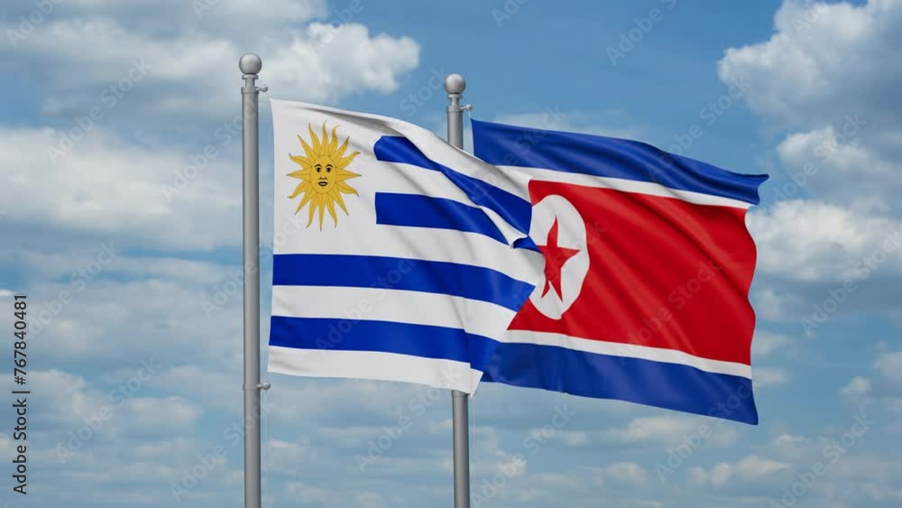 North Korea and Uruguay two flags waving together, looped video North Korea and Uruguay two flags waving together, looped video