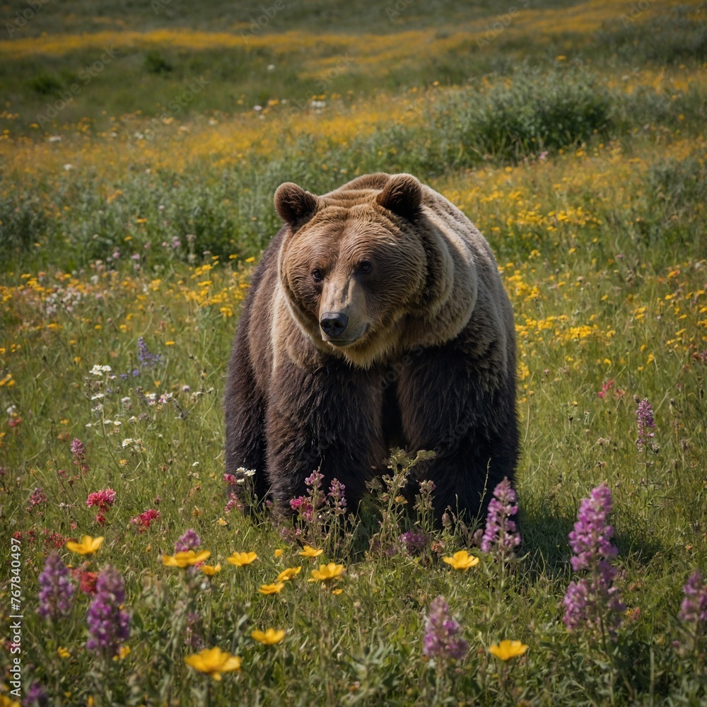 Design a bear image set in a picturesque wildflower meadow, with a bear surrounded by a carpet of colorful blooms against a backdrop of rolling hills and distant mountains. Capture the bear in a momen Design a bear image set in a picturesque wildflower meadow, with a bear surrounded by a carpet of colorful blooms against a backdrop of rolling hills and distant mountains. Capture the bear in a momen
