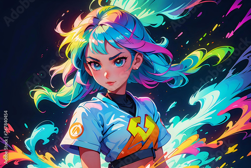 Cosmic Energy Girl: Dynamic Anime Character for Modern Visual Media.This dynamic anime girl, adorned with cosmic energy and vibrant colors, is a perfect fit for modern visual media, graphic novels