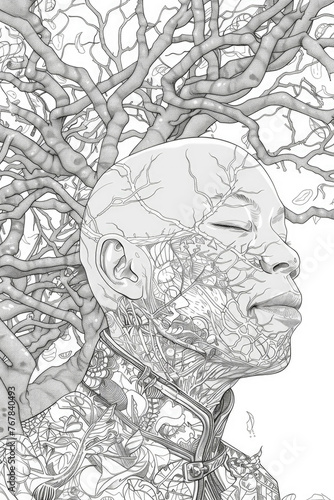 Detailed drawing of Coloring page of bald mans head with expressive features set against a backdrop of tall green trees