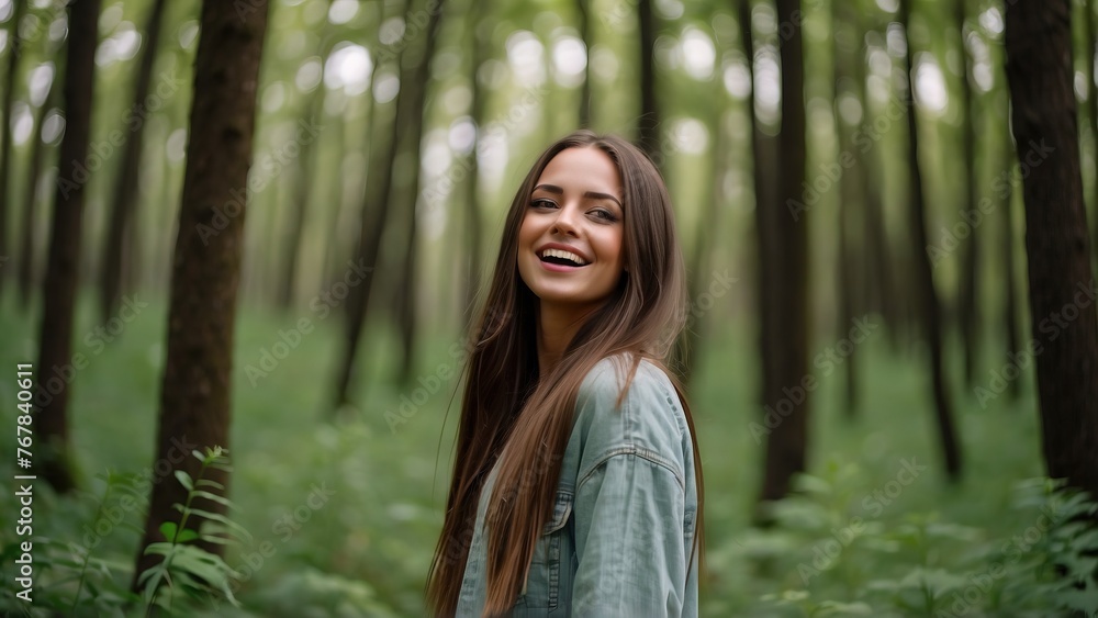 Overjoyed young woman spend day green forest feel good