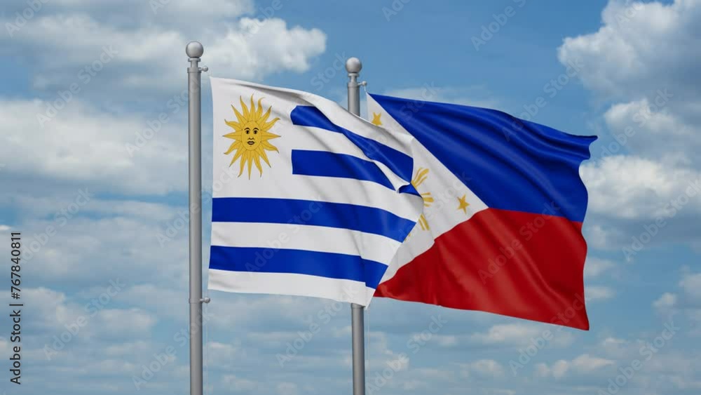 Philippines and Uruguay two flags waving together, looped video, two country cooperation concept Philippines and Uruguay two flags waving together, looped video, two country cooperation concept
