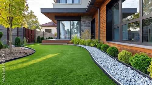 A charming old brick cottage with a wooden door sits nestled in a flower-filled garden Contemporary Lawn Turf with Wooden Edging in Front Yard of Modern House. Artificial Grass with Clean Design and B