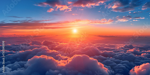 Panorama sunrise from the top of the mount Fuji. The sun is shining strong from the horizon over all the clouds and under the blue sky. generative ai