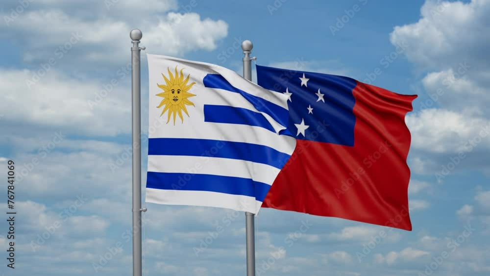 Samoa and Uruguay two flags waving together, looped video, two country cooperation concept Samoa and Uruguay two flags waving together, looped video, two country cooperation concept