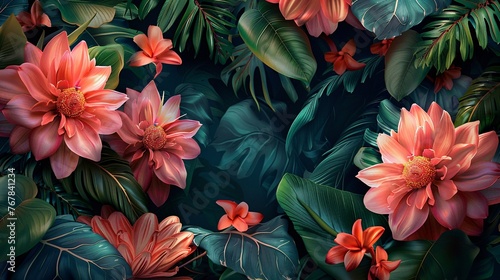 a stunning digital art composition featuring tropical leaves and large exotic flowers framing the scene. Ideal for cosmetics, spa, perfume, beauty salon, travel agency, and florist shop branding