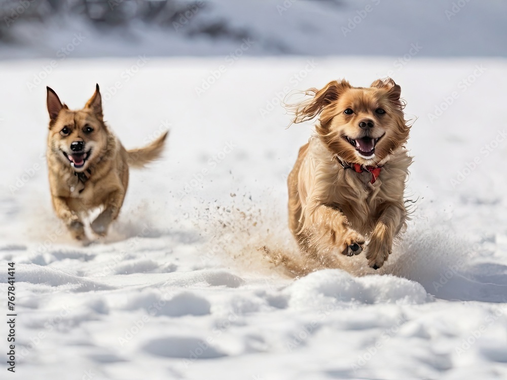 Two dogs running through the snow. Generated AI. Two dogs running through the snow. Generated AI.