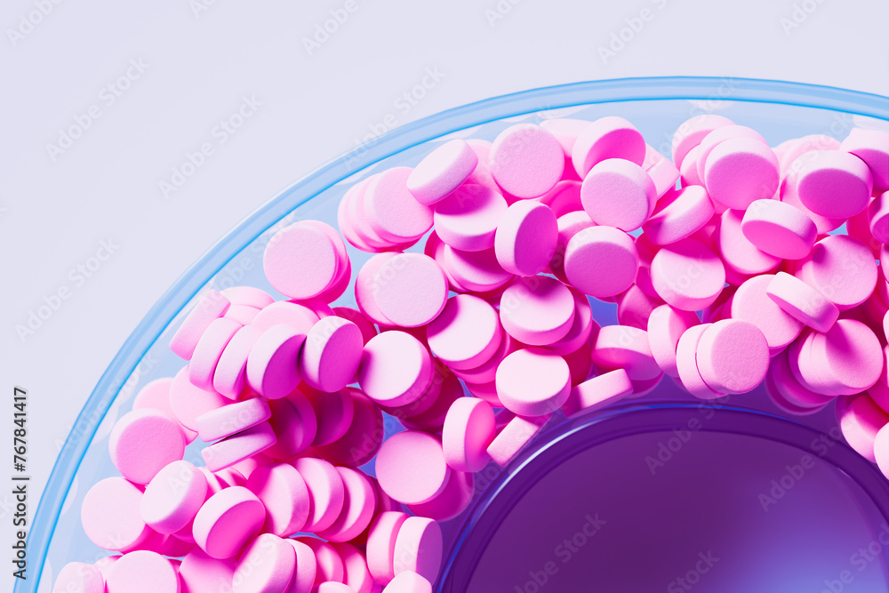 Fototapeta premium Overflowing Bowl of Pink Medication Pills on a Vibrant Blue Background