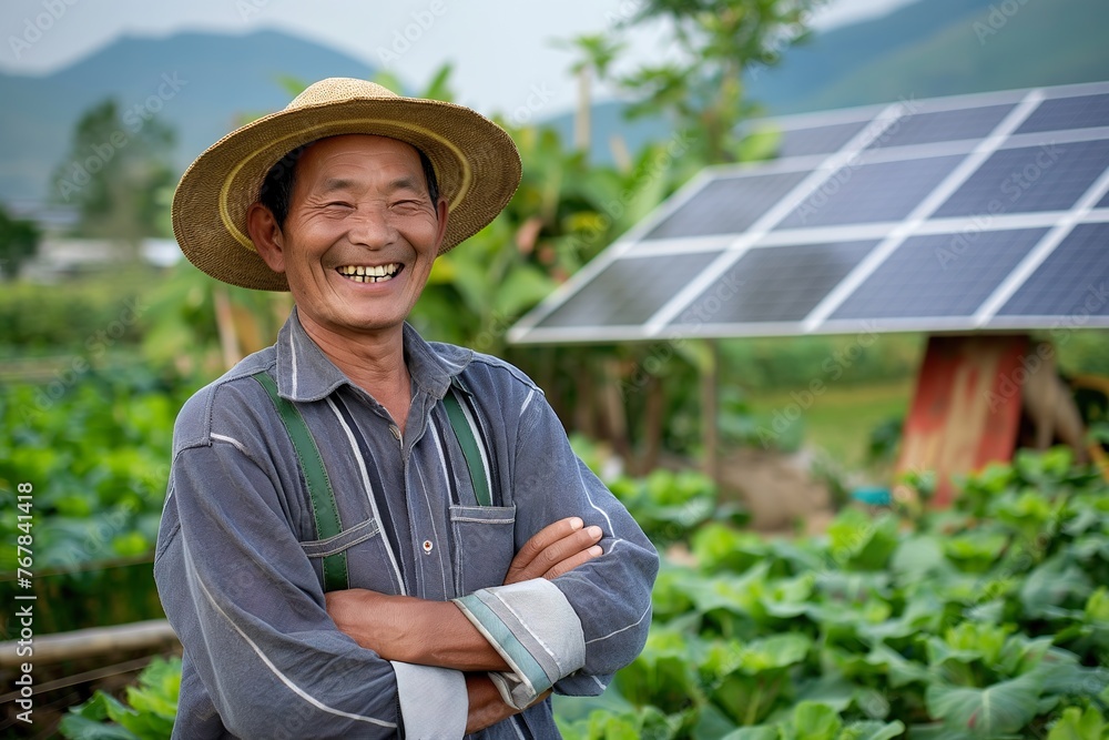 Asian farmer in straw hat standing by renewable energy solar panel.