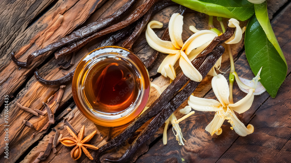 Vanilla extract in a glass bowl surrounded by vanilla pods, white blossoms, green leaves, star anise, and cloves on rustic wood. Vanilla extract in a glass bowl surrounded by vanilla pods, white blossoms, green leaves, star anise, and cloves on rustic wood.