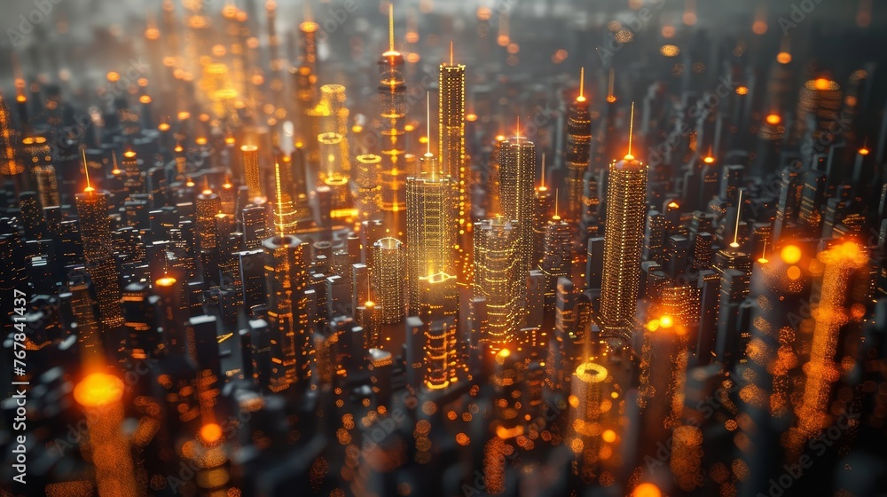 Digital cityscape with glowing data points and bar graphs