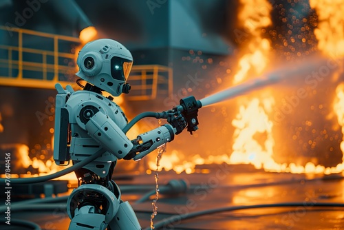 A robot holding a hose to extinguish flames in a fire emergency.
