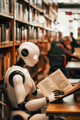 Humanoid robot immersed in book filled with complex equations while in library.