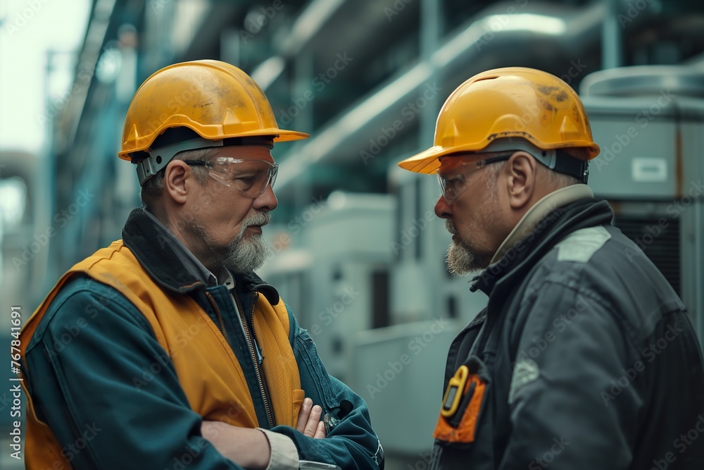 Two air conditioning repairmen in hardhats stand next to each other, discussing the problem with the AC unit. Two air conditioning repairmen in hardhats stand next to each other, discussing the problem with the AC unit.