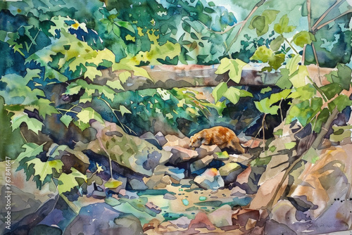 A realistic painting of a bear in the woods, surrounded by trees and nature, showcasing the bears presence in its habitat © sommersby
