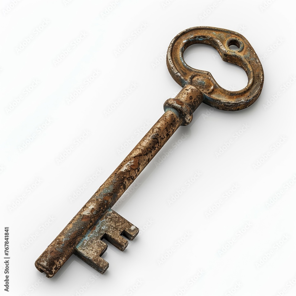 Detailed capture of an antique key solid stark white background Detailed capture of an antique key solid stark white background