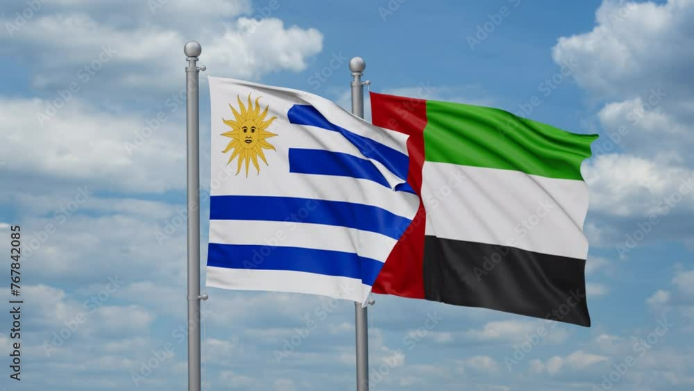 United Arab Emirates and Uruguay two flags waving together, looped video, two country cooperation concept United Arab Emirates and Uruguay two flags waving together, looped video, two country cooperation concept