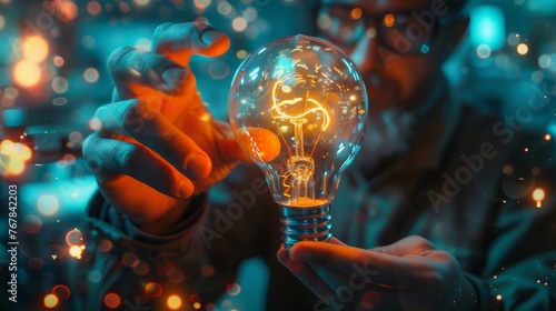 Research: A researcher studying a glowing lightbulb