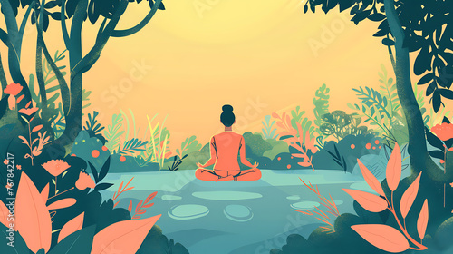 A person doing yoga or meditating in a peaceful outdoor setting flat vector illustration