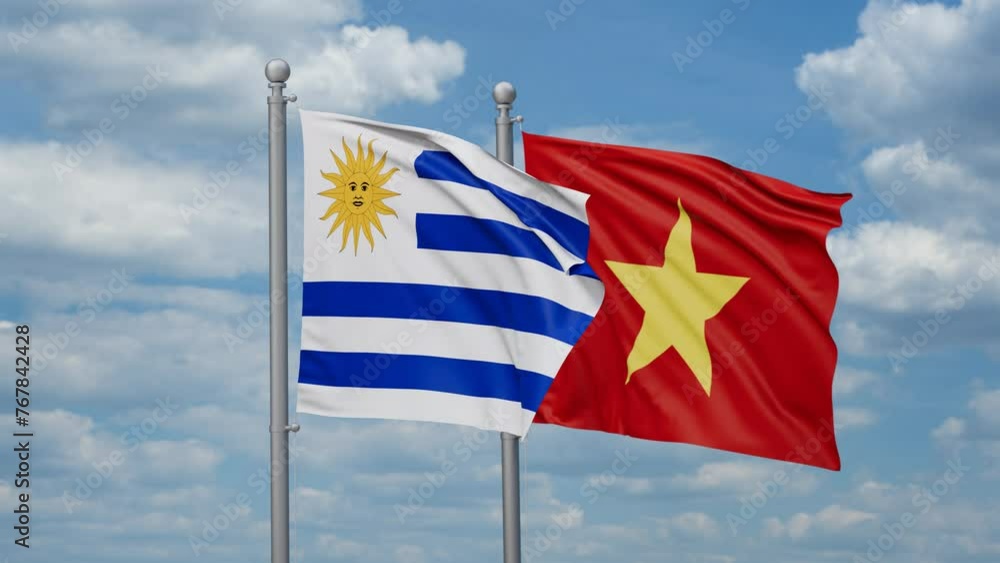 Vietnam and Uruguay two flags waving together, looped video Vietnam and Uruguay two flags waving together, looped video