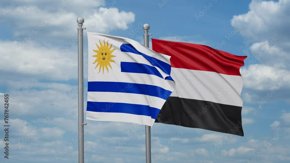 Yemen and Uruguay two flags waving together, looped video, two country cooperation concept Yemen and Uruguay two flags waving together, looped video, two country cooperation concept