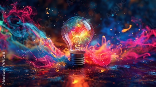 Vibrant light bulb surrounded by swirling colorful energy