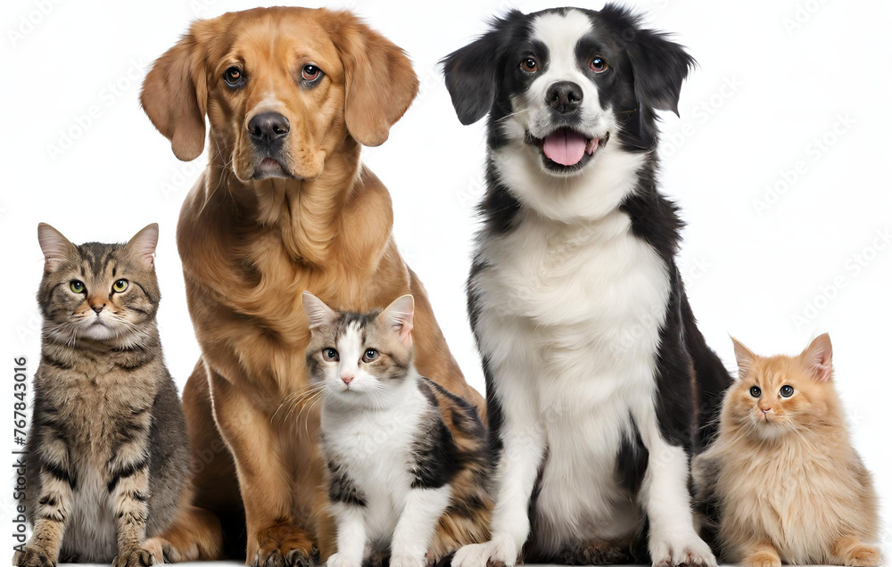 Dogs and cats in a group against a white background
Dogs and cats in a group against a white background