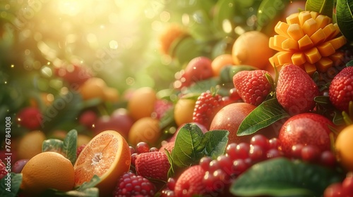 An artistic tapestry of fruits bedeck a canvas, an ode to nature's palette, each juicy gem a testament to abundance and vitality.
