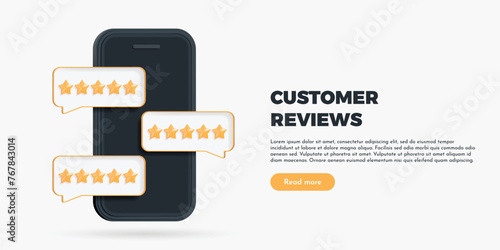 3D Phone with a five star review rating. Online service quality assessment. Customer product feedback. Social media comment. Positive rank. Cartoon creative design vector illustration for web banner