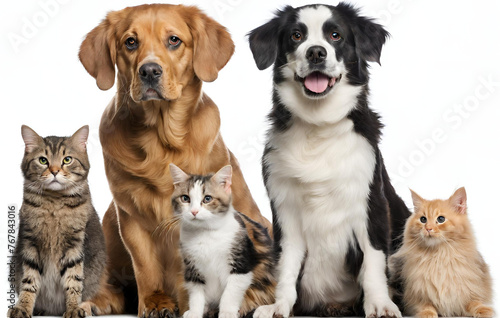 Dogs and cats in a group against a white background 